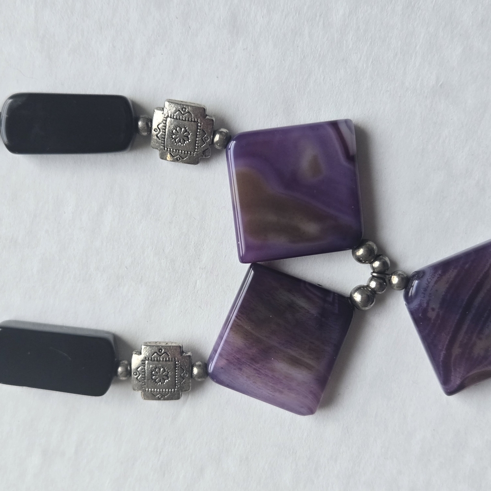Natural Amethyst & Black Agate Stones Silver Necklace Pendant